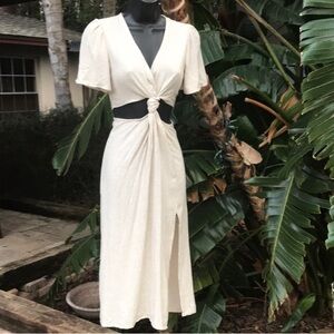 REPOSH item oatmeal colored linen dress (v neck and spilt detail)